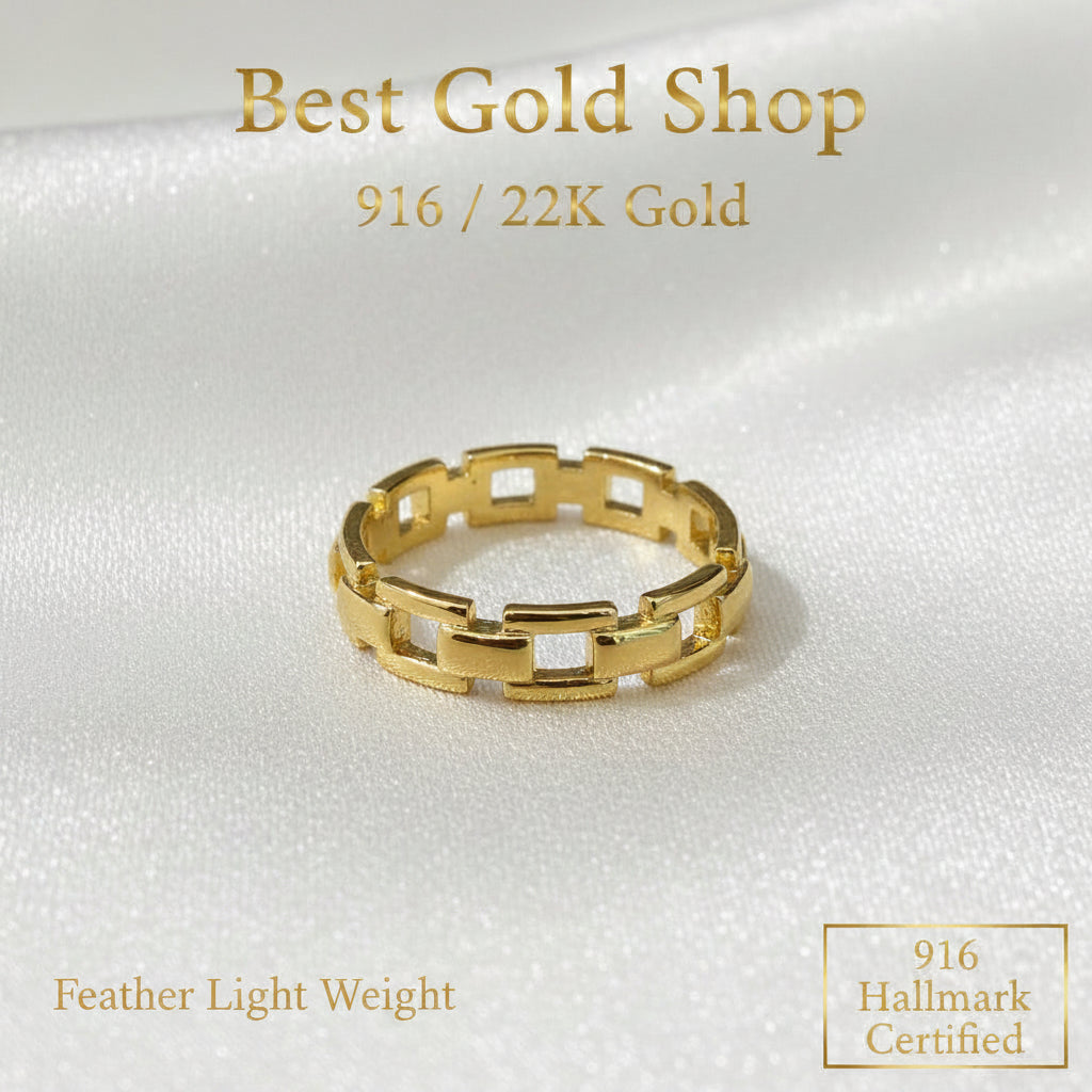 Detailed view of the open-link design of the 22K gold ring