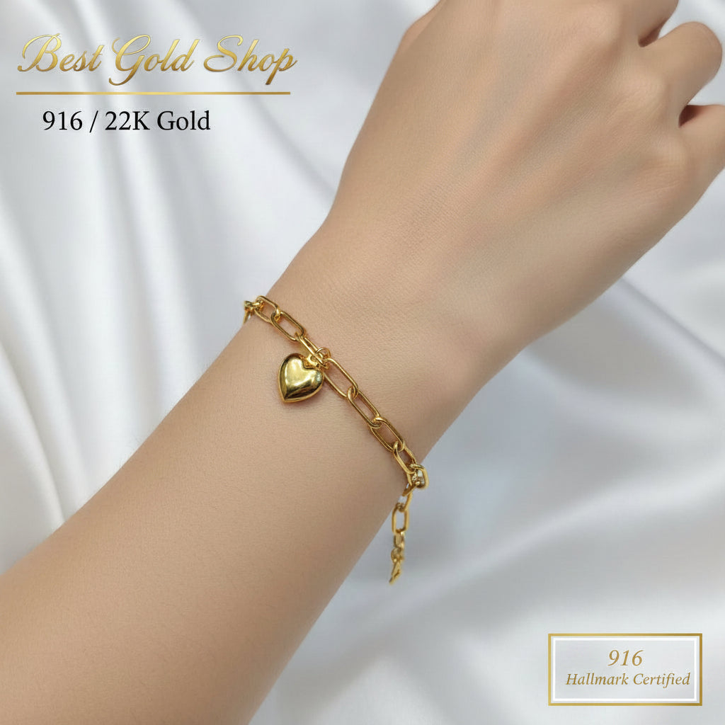 916 Gold Link Bracelet with Dangling Heart Version 2BraceletsBest Gold Shop