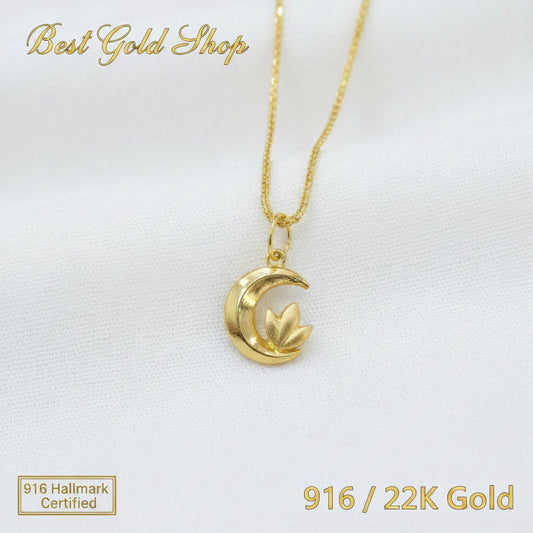 916 gold Moon and Flower Pendant with polished celestial design