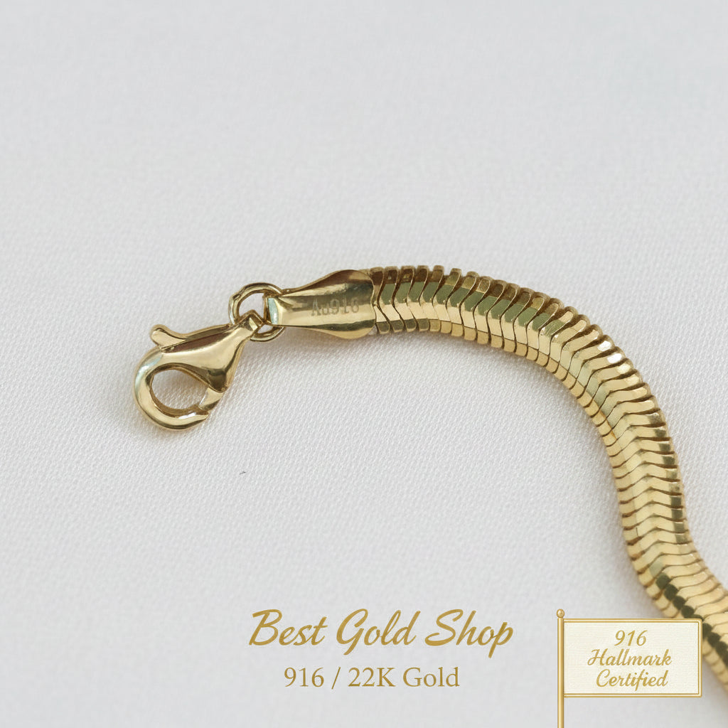 Full view of 916 gold snake chain bracelet