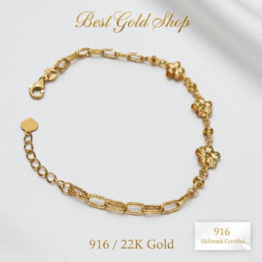 916 gold three-flower link bracelet full view