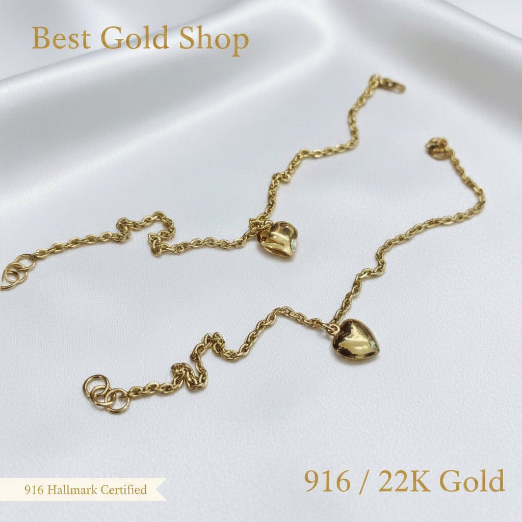 916 Gold Wan Zi Dangling Heart Bracelet | Slim 22K Design - View 5