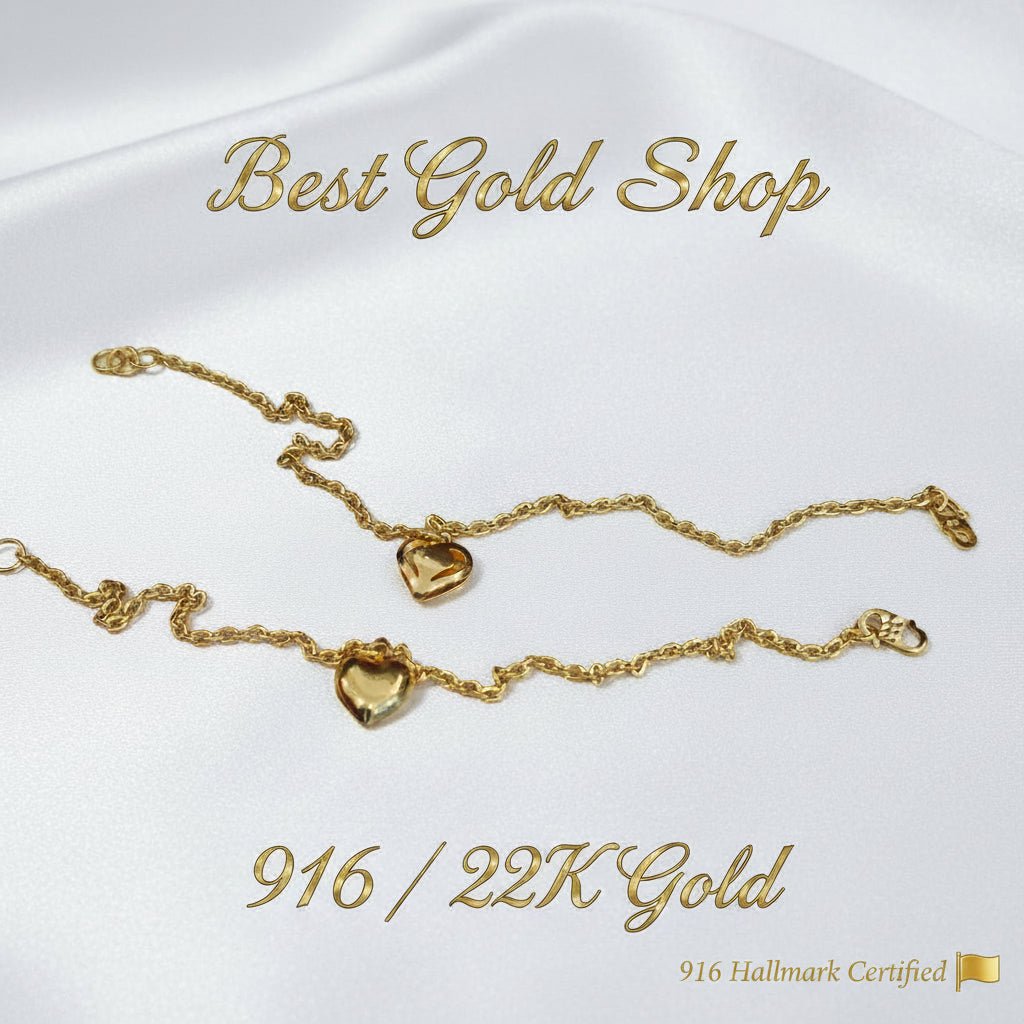 916 Gold Wan Zi Dangling Heart Bracelet | Slim 22K Design - View 6
