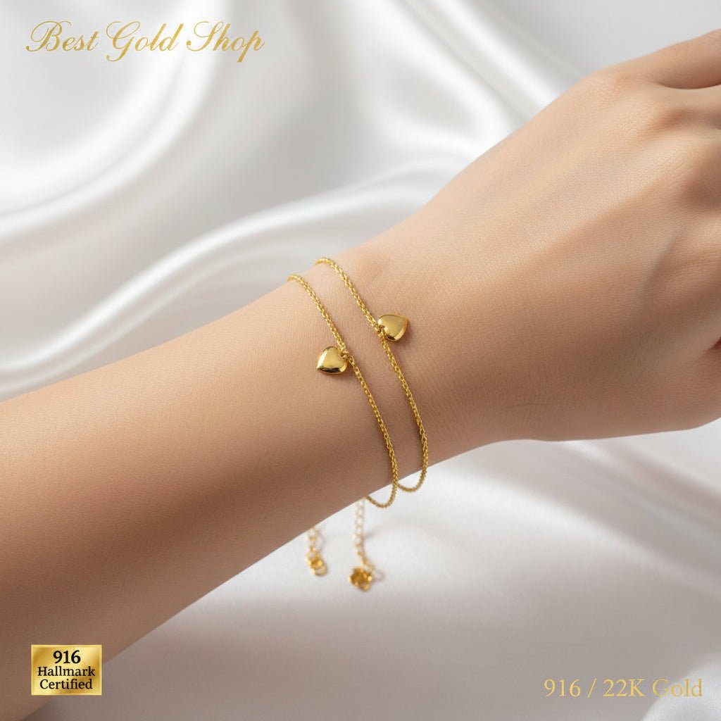 916 Gold Wan Zi Dangling Heart Bracelet | Slim 22K Design - View 8