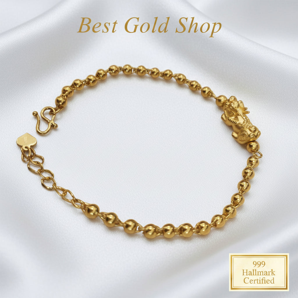 999 gold beads Pixiu bracelet lucky wealth design in 24K yellow gold - view 1