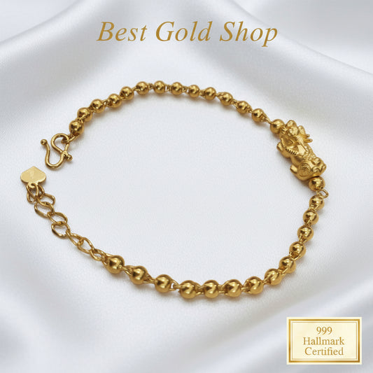 999 gold beads Pixiu bracelet lucky wealth design in 24K yellow gold - view 1