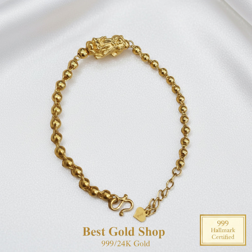 999 gold beads Pixiu bracelet lucky wealth design in 24K yellow gold - view 4