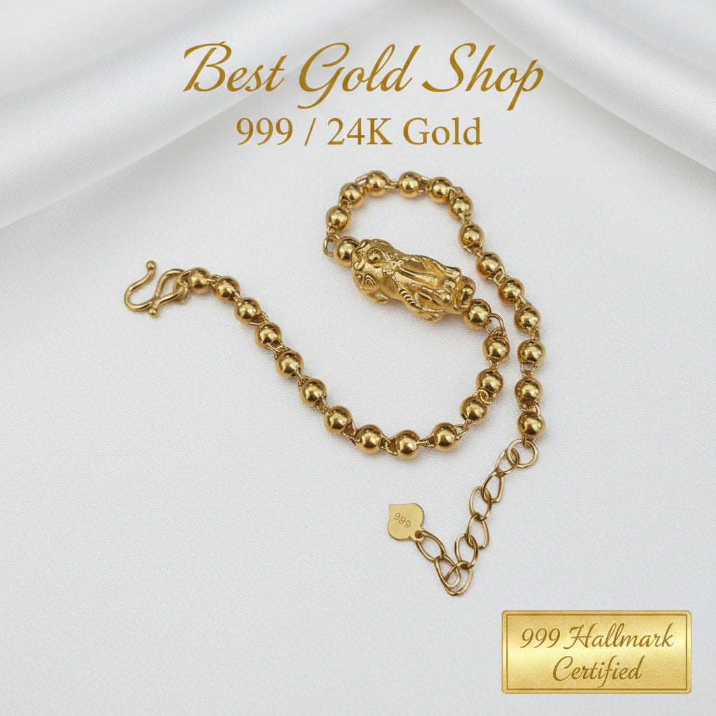 999 gold beads Pixiu bracelet lucky wealth design in 24K yellow gold - view 5