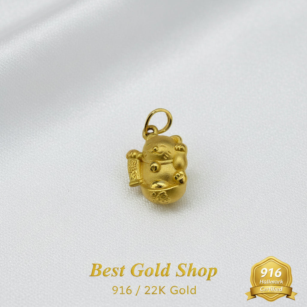 999 Gold Lucky Money Cat Pendant | Symbol of Wealth Good Fortune