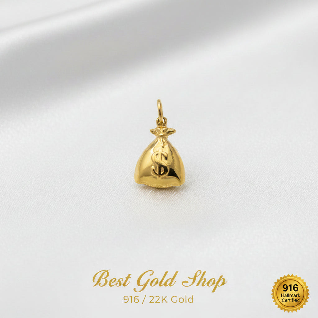 916 Gold Money Bag Pendant | Symbol of Wealth Prosperity