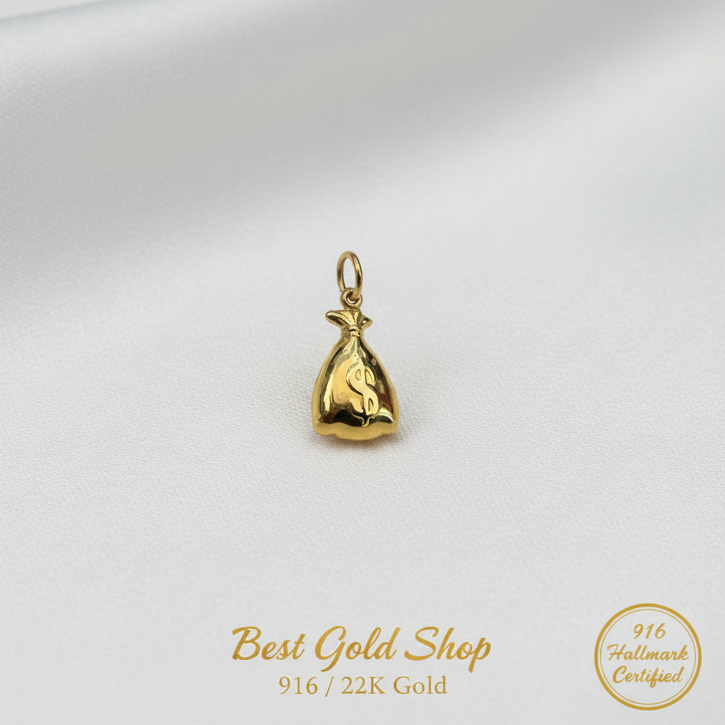 916 Gold Money Bag Pendant | Symbol of Wealth Prosperity