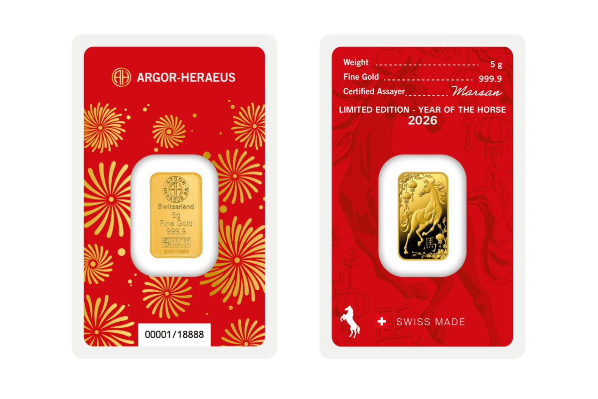 Manufacturer reference showing both sides of one Argor-Heraeus 2026 Year of the Horse 5g gold bar in red assay packaging; pictured serial is illustrative.