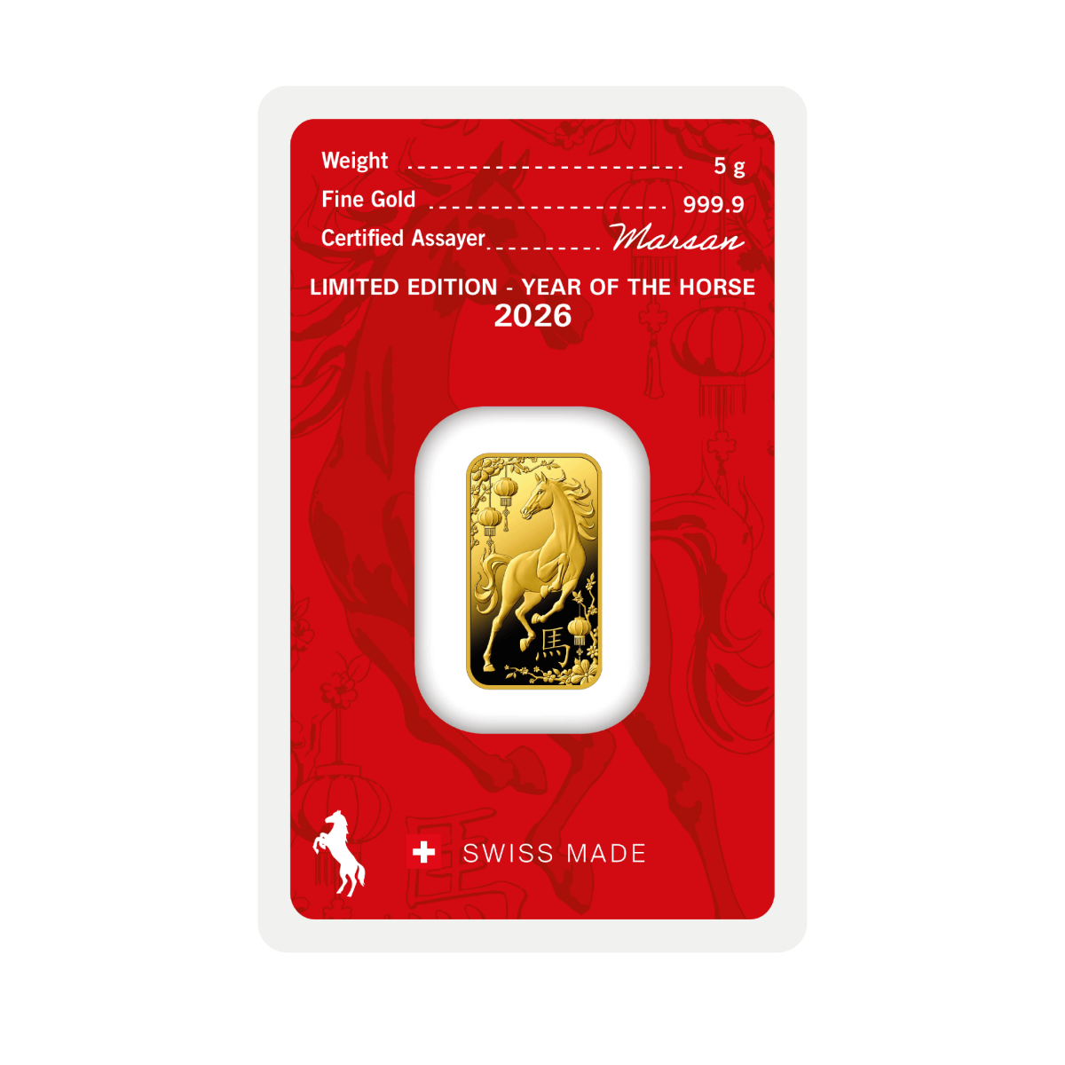 Manufacturer reference horse-design view of an Argor-Heraeus 2026 Year of the Horse 5g gold bar in red assay packaging.