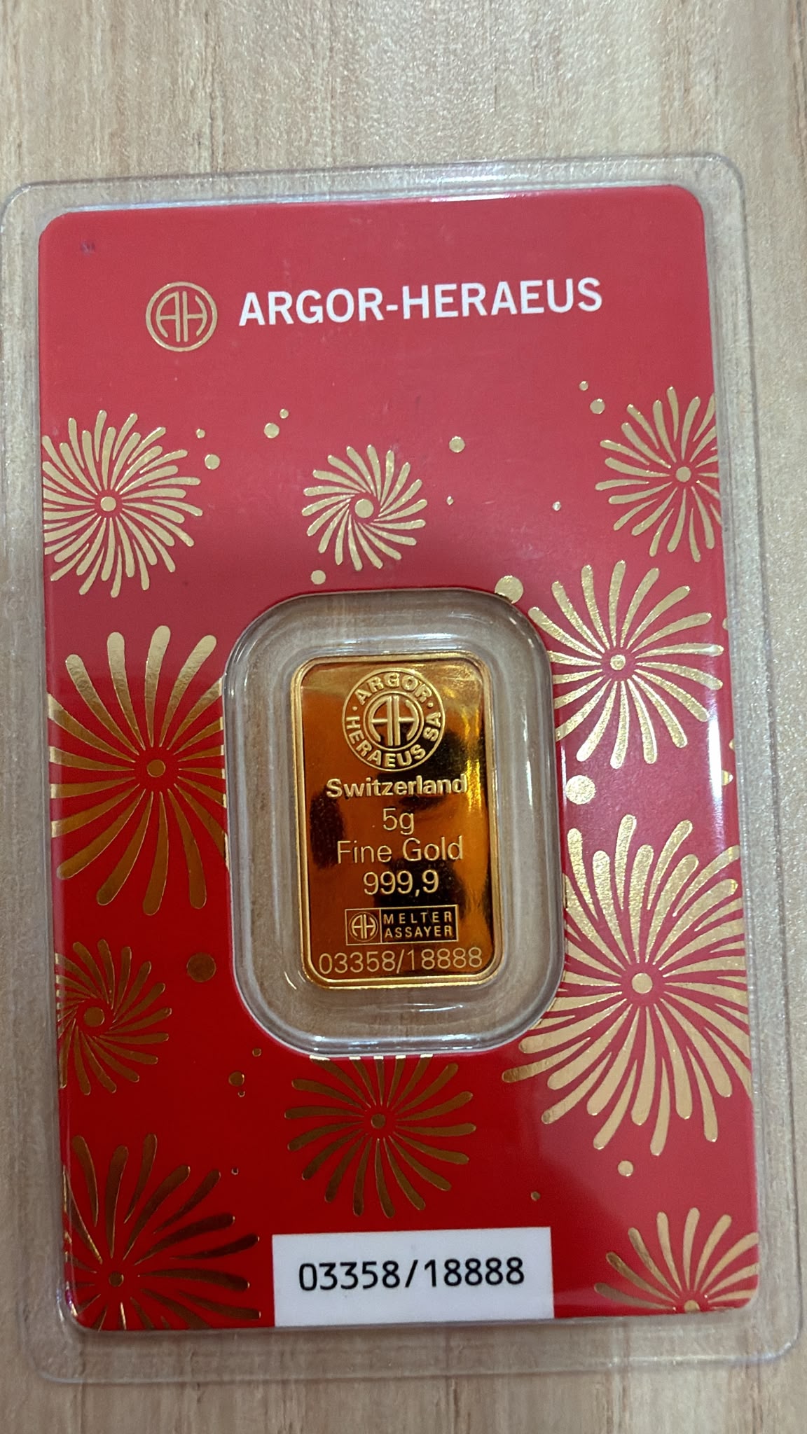 Owner-supplied photo of a 5g Argor-Heraeus 2026 Year of the Horse gold bar, hallmark side in red assay packaging; serial 03358/18888.