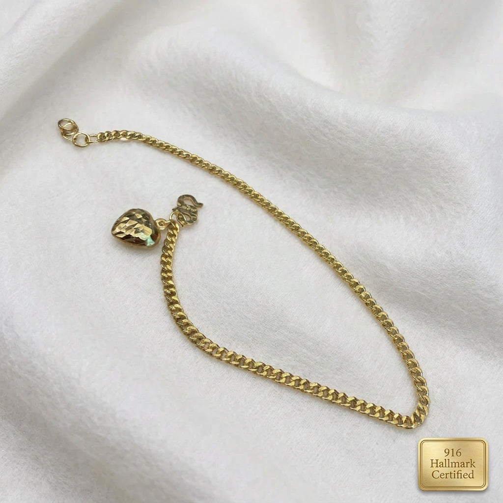 916 Gold Fishbone Heart Bracelet | Adjustable 22K Gold Design