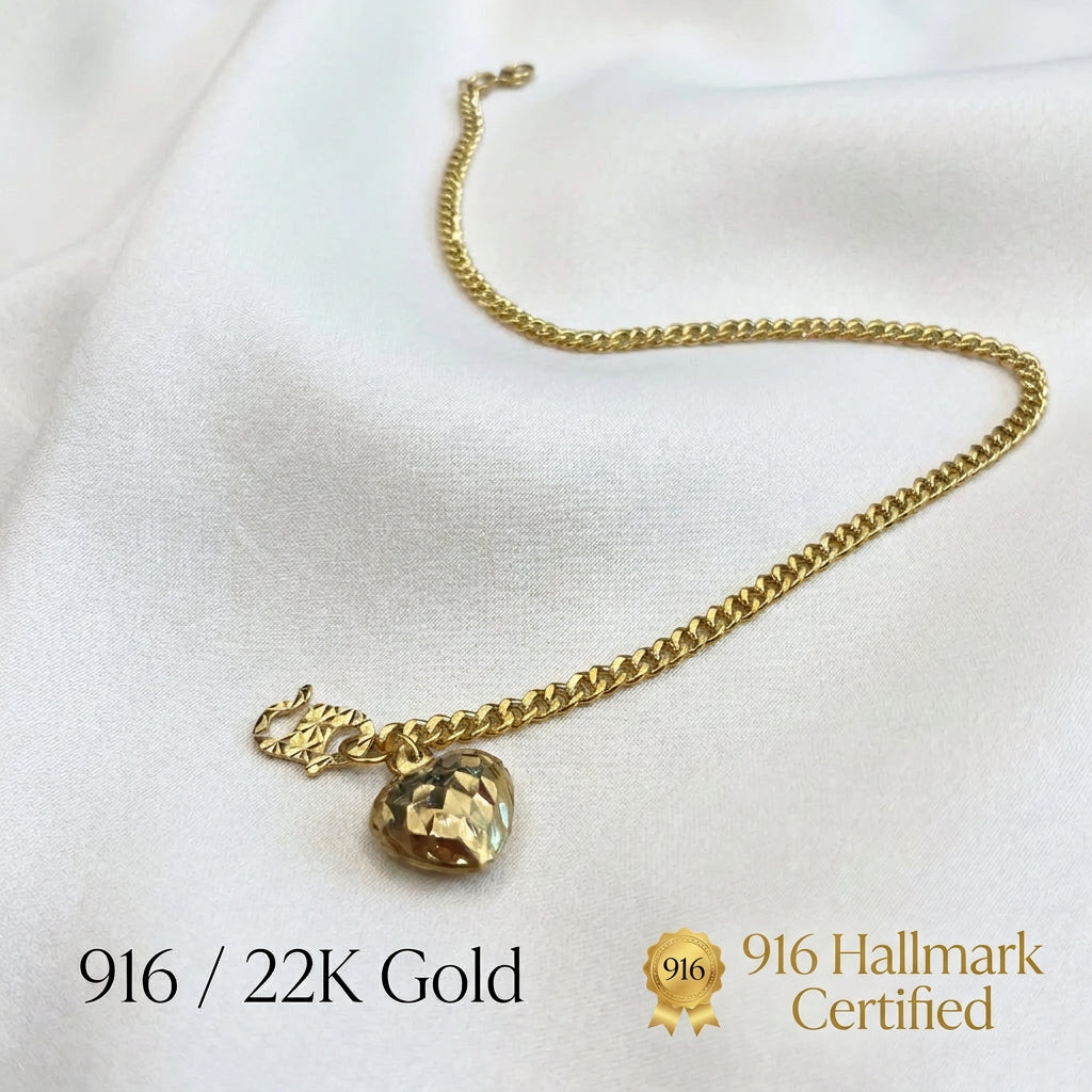 916 Gold Fishbone Heart Bracelet | Adjustable 22K Gold Design