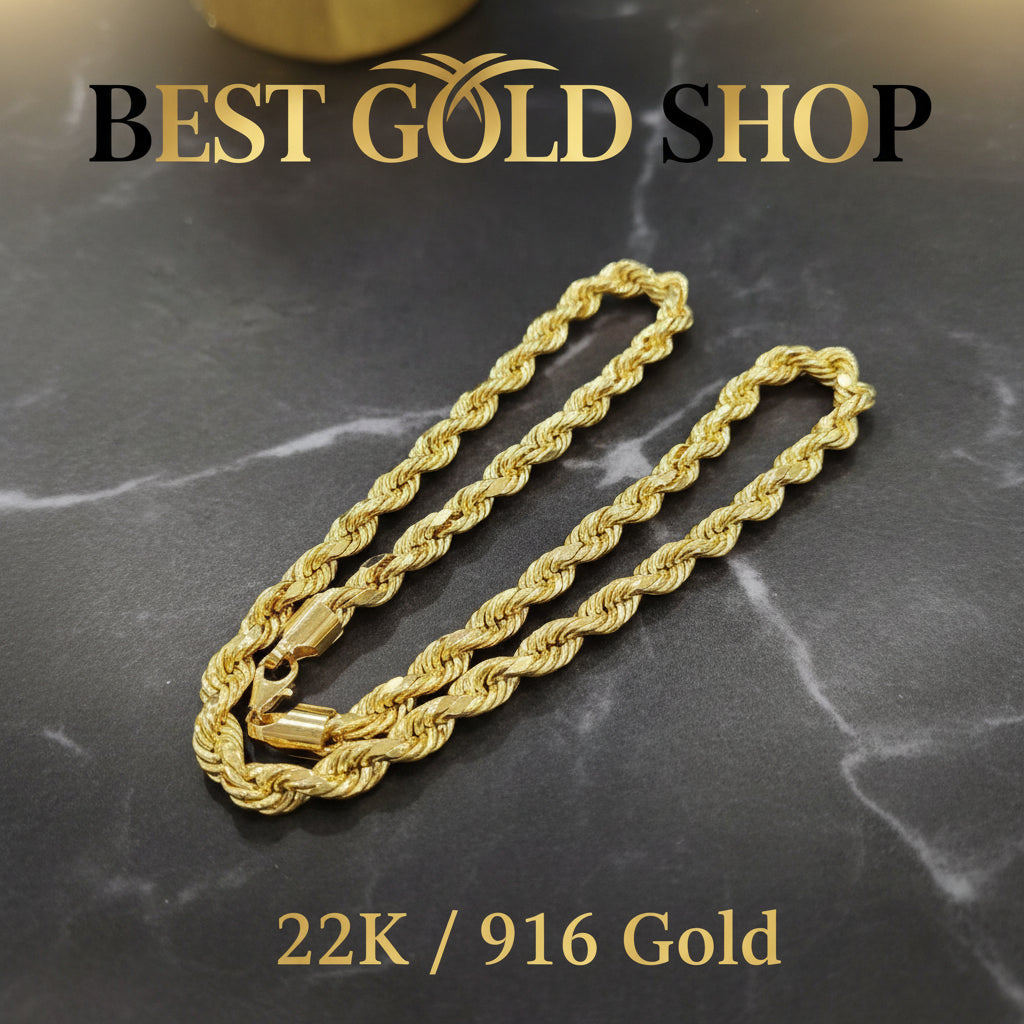 NEW) 22k 916 Gold Semi Solid Rope Necklace Best Gold Shop