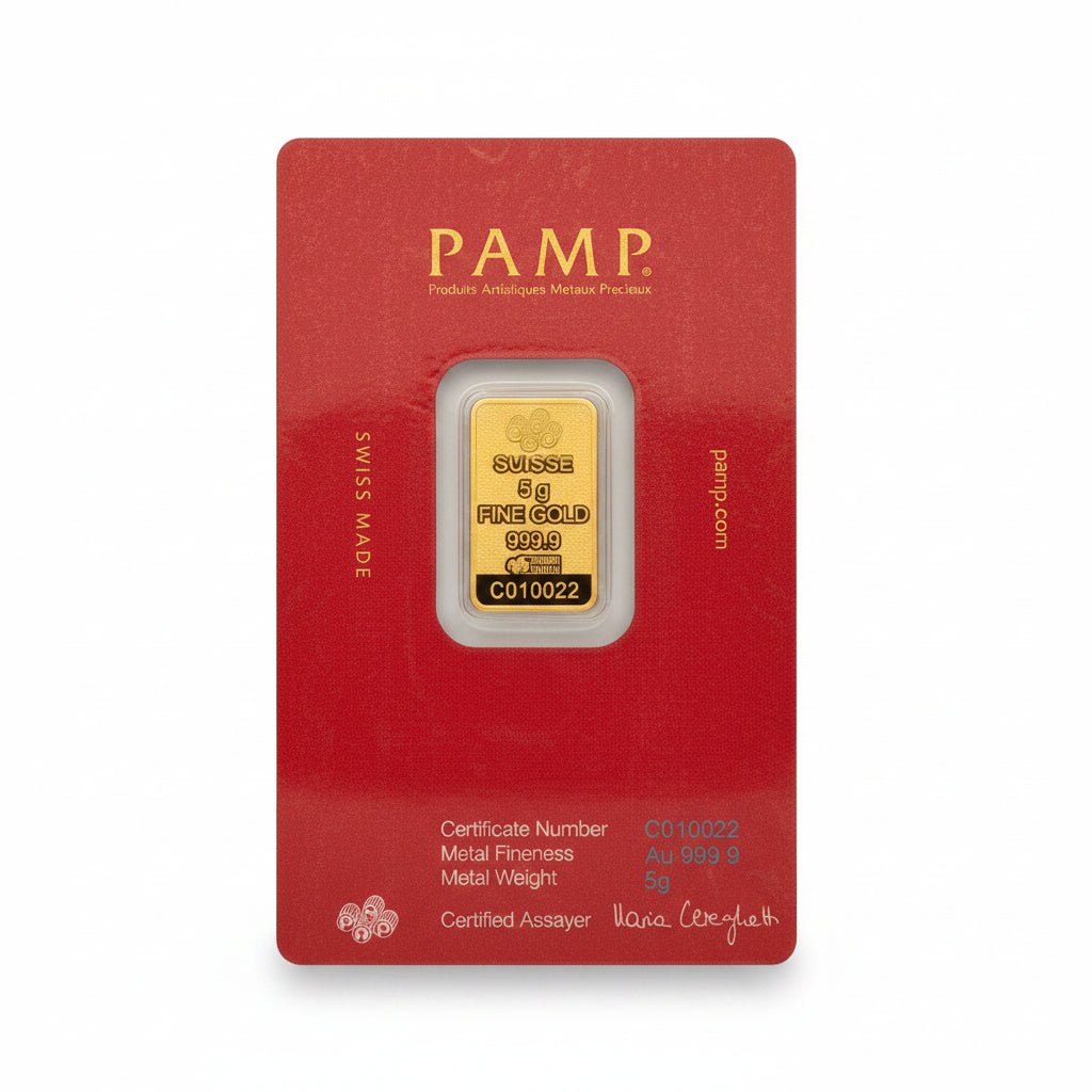 Front view of a 5g PAMP Suisse 999.9 fine gold bar.
