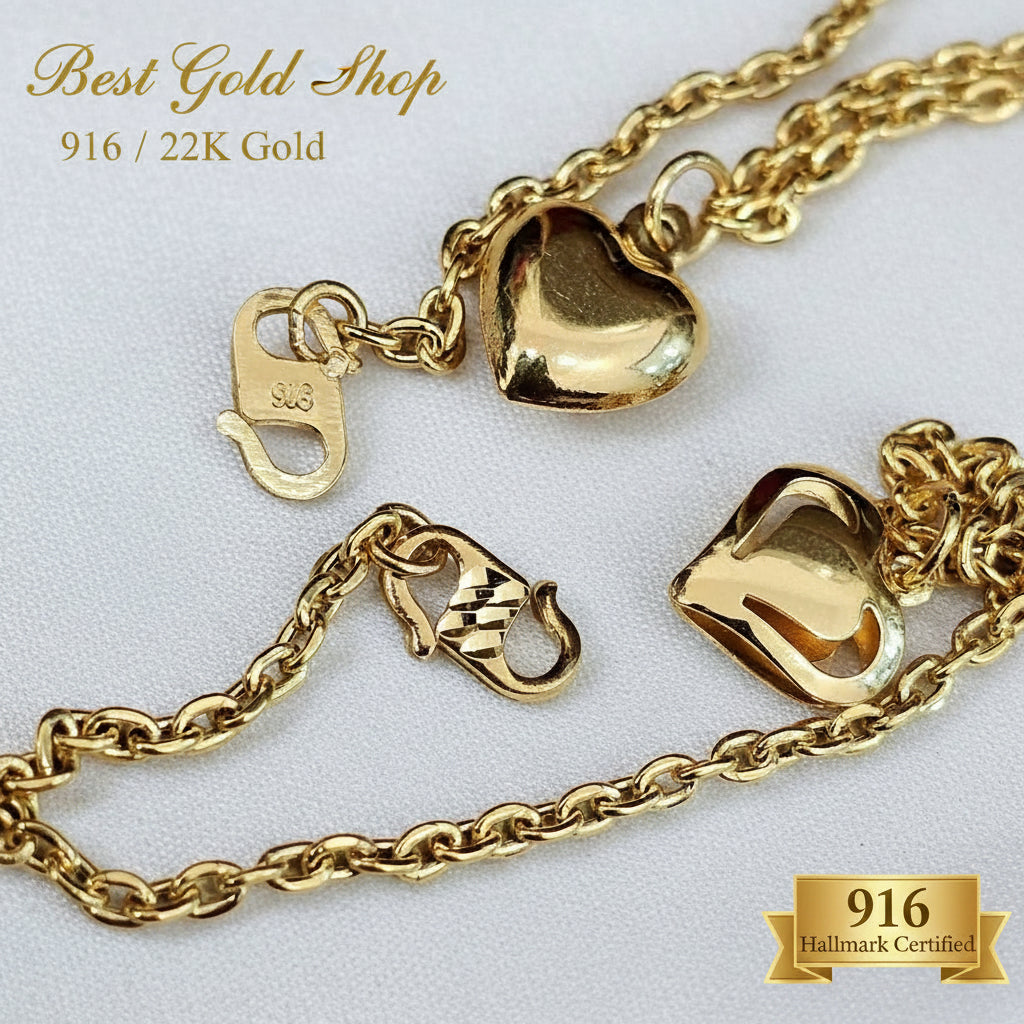 916 Gold Wan Zi Dangling Heart Bracelet Slim elegant design