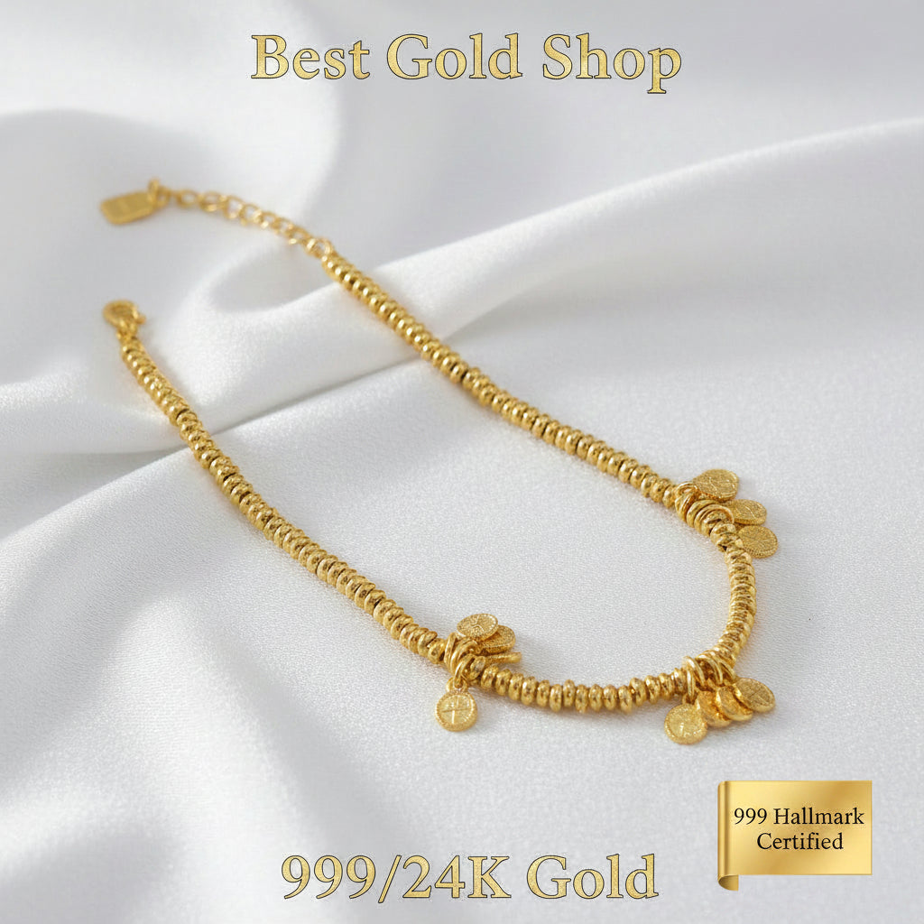 999 Gold Bracelet with coin Design Ping An Xi Le