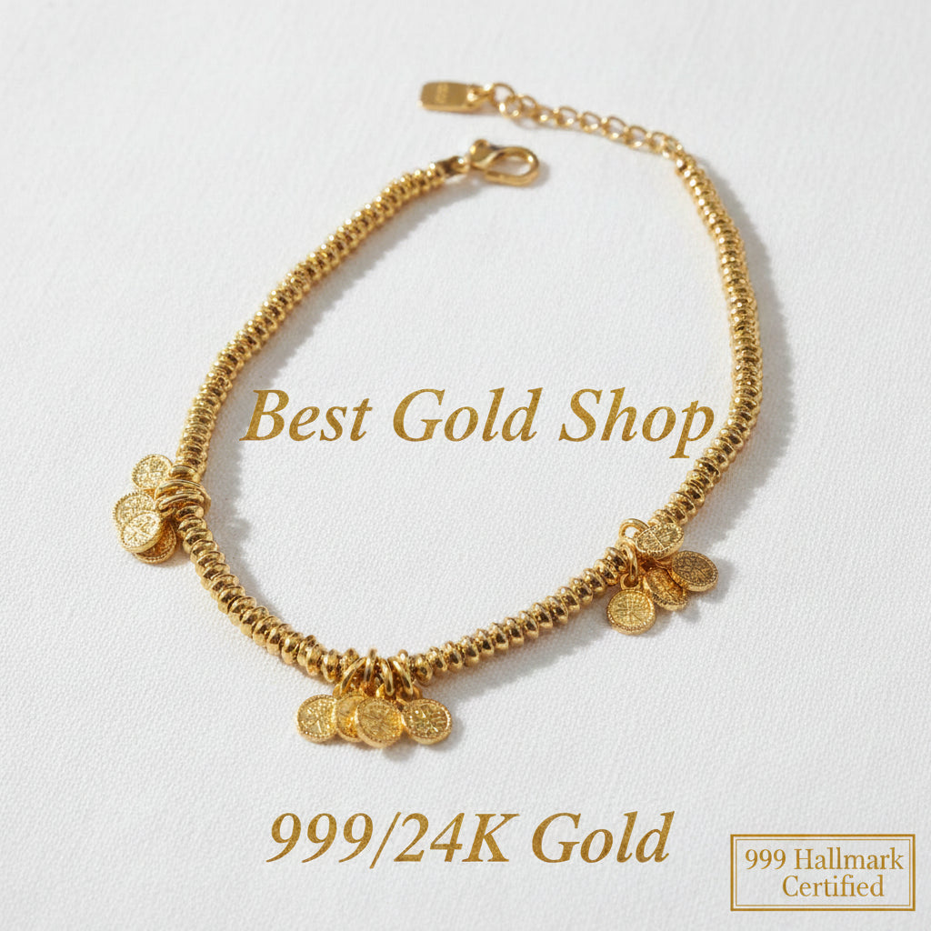 999 Gold Bracelet with coin Design Ping An Xi Le