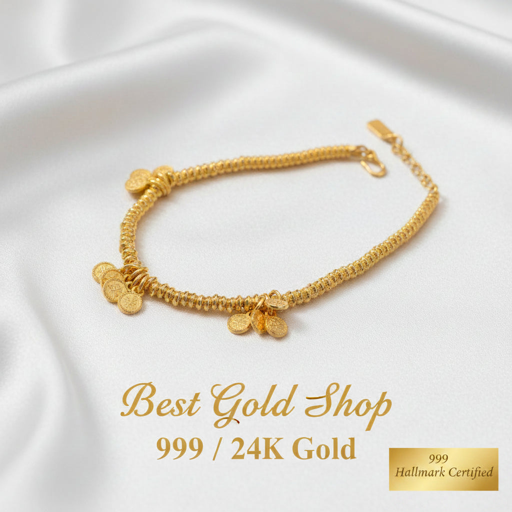999 Gold Bracelet with coin Design Ping An Xi Le