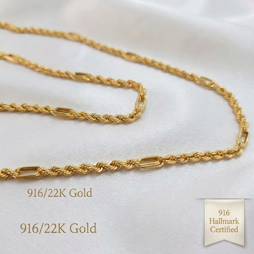916 Gold Hollow Rope C Chain Necklace | Classic 22K Design