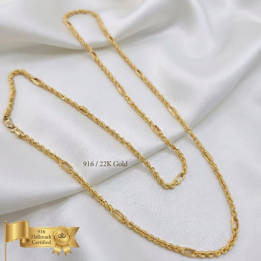 916 Gold Hollow Rope C Chain Necklace | Classic 22K Design
