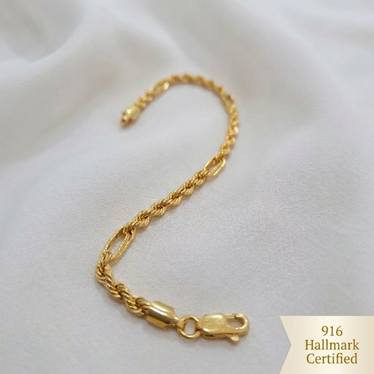 Gelang Emas 22k / 916 Reka Bentuk Tali Berongga C Ringkas dan Elegan