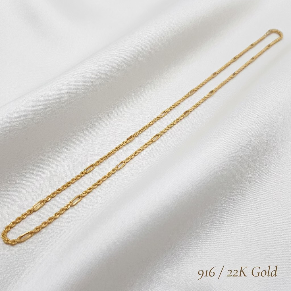 916 Gold Hollow Rope C Chain Necklace | Classic 22K Design