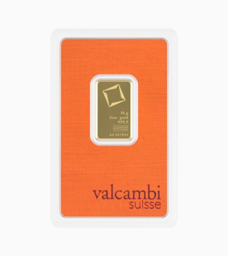 Manufacturer reference image of a Valcambi 10g 999.9 gold bar in orange assay packaging; pictured serial number is illustrative.