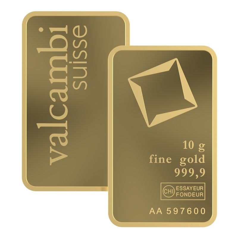 Manufacturer reference showing the front and reverse of one Valcambi 10g 999.9 gold bar outside packaging; two faces are illustrated, not two bars supplied; serial is illustrative.